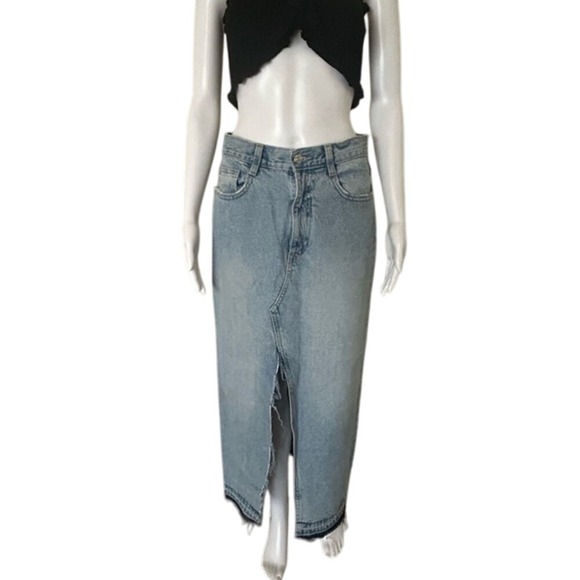 Zara Long Distressed Raw Hem High Waist Maxi Denim Jean Skirt Size Small - Picture 1 of 12